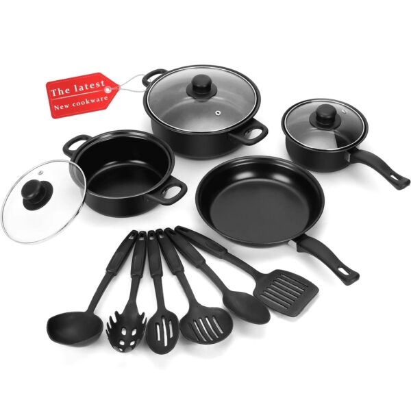 Puseky 10PCS Nonstick Cookware Set – Scratch Resistant, Black