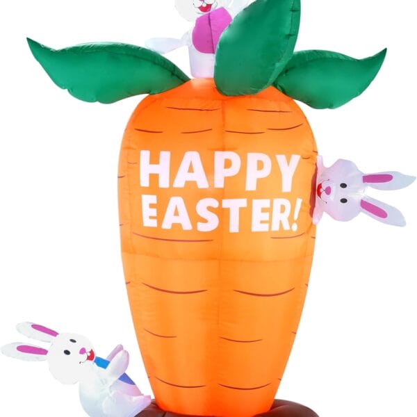 6FT Easter Inflatable Bunny & Carrot – LED Light-Up Yard Decoration