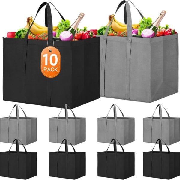 WISELIFE Reusable Grocery Bags – 10-Pack Large Foldable Totes