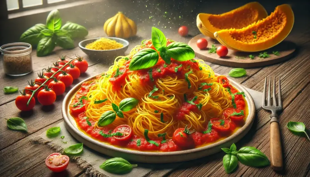 Spaghetti Squash with Tomato Basil Sauce served in a bowl, garnished with fresh basil.