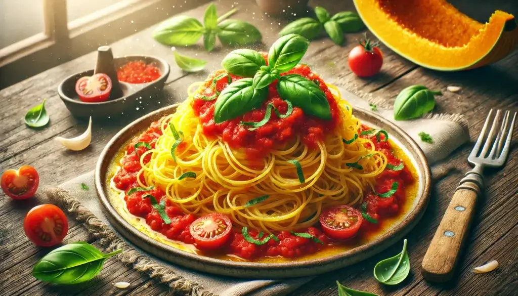 Spaghetti Squash with Tomato Basil Sauce served in a bowl, garnished with fresh basil.

