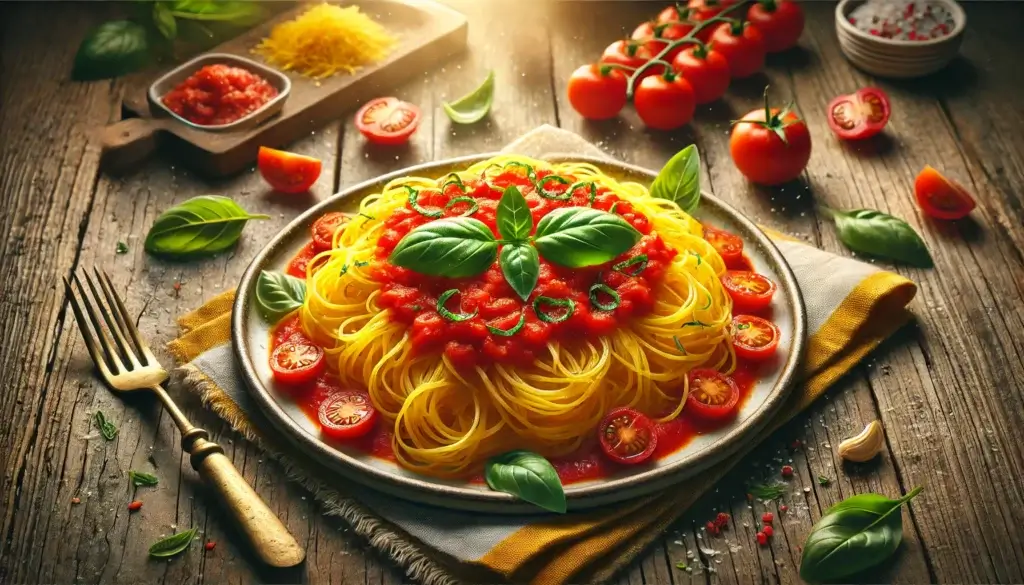 Spaghetti Squash with Tomato Basil Sauce served in a bowl, garnished with fresh basil.

