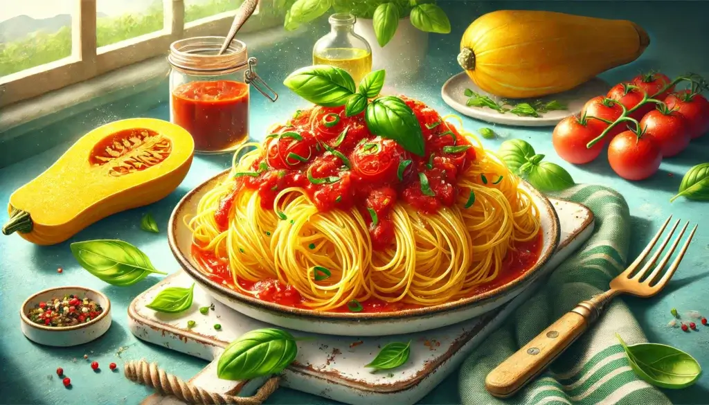 Spaghetti Squash with Tomato Basil Sauce served in a bowl, garnished with fresh basil.

