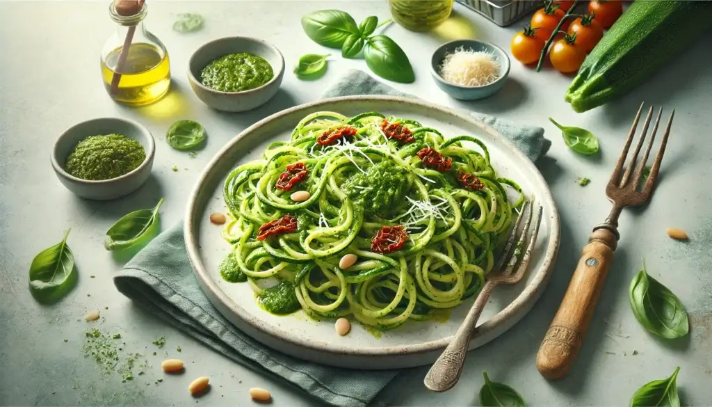 Zucchini noodles tossed with pesto sauce, garnished with fresh basil and Parmesan.
