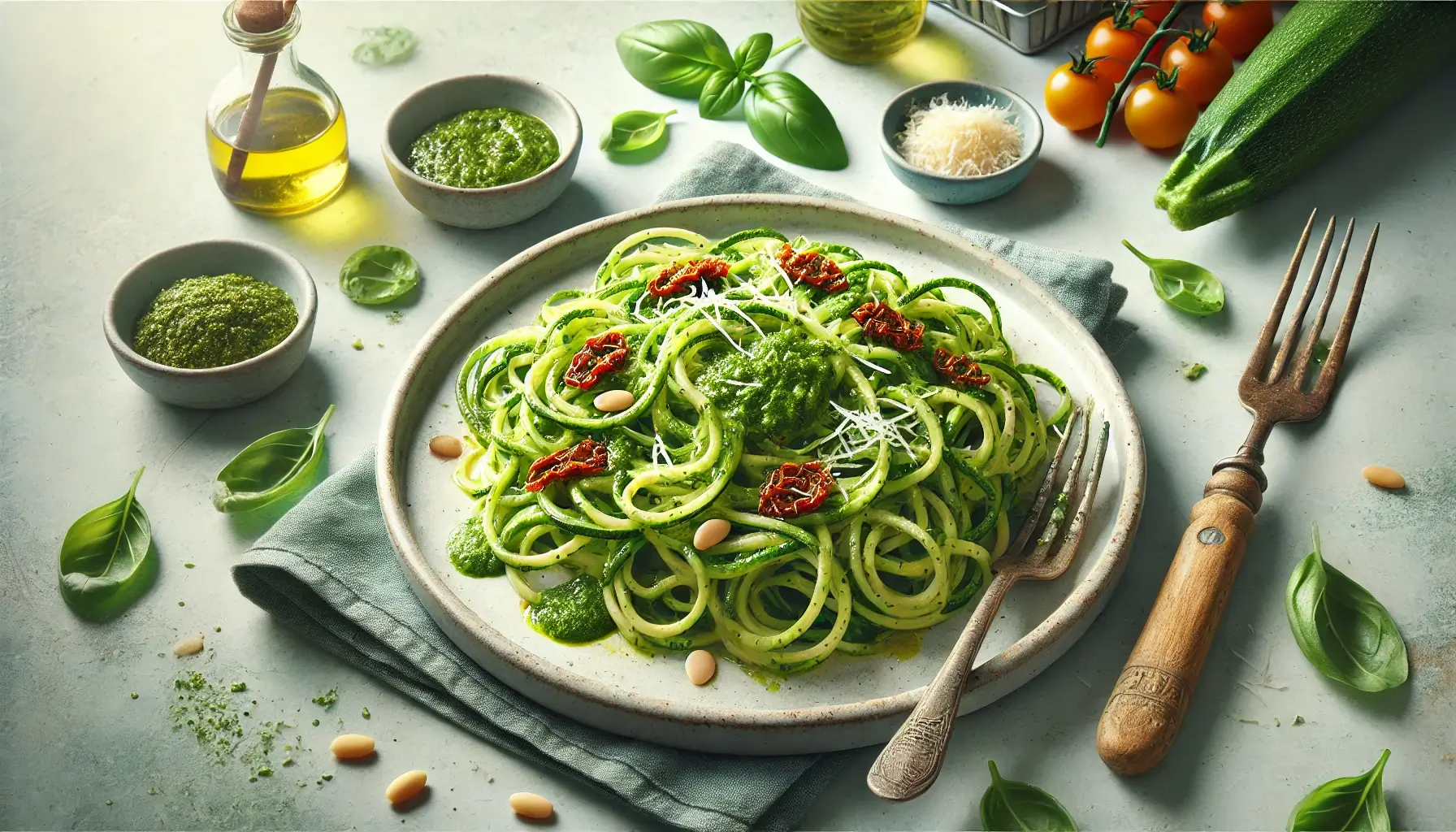 Zucchini noodles tossed with pesto sauce, garnished with fresh basil and Parmesan.