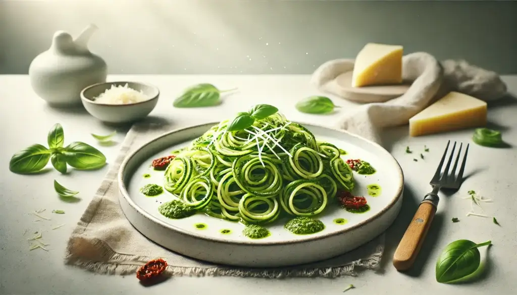 Zucchini noodles tossed with pesto sauce, garnished with fresh basil and Parmesan.