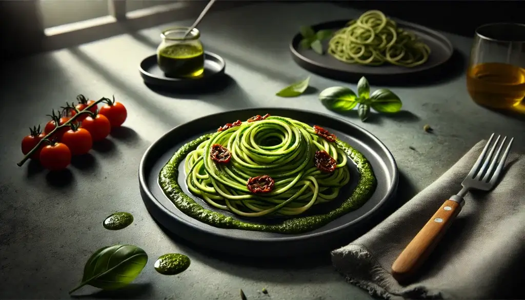 Zucchini noodles tossed with pesto sauce, garnished with fresh basil and Parmesan.