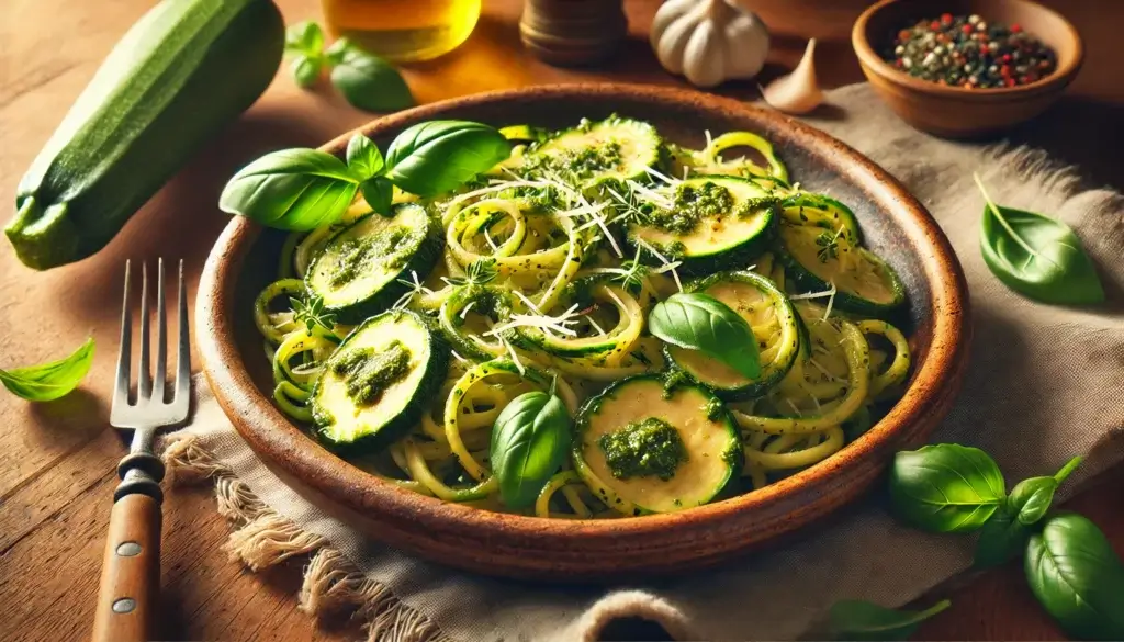 Zucchini noodles tossed with pesto sauce, garnished with fresh basil and Parmesan.
