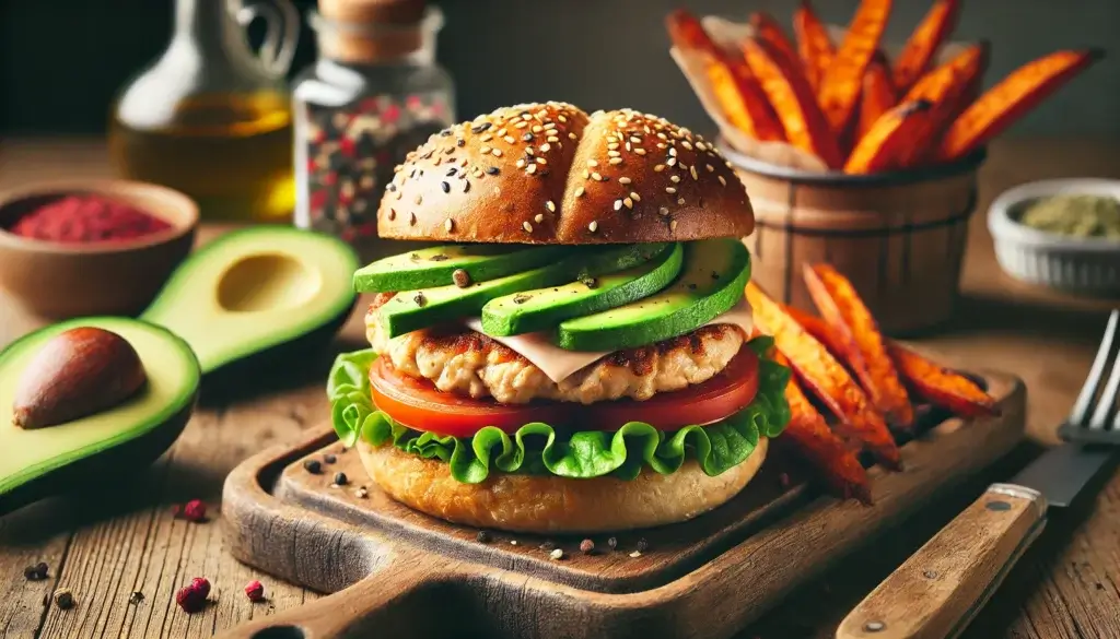 Turkey Avocado Burger (Low-Fat + High-Protein) stacked with fresh ingredients on a whole-grain bun.