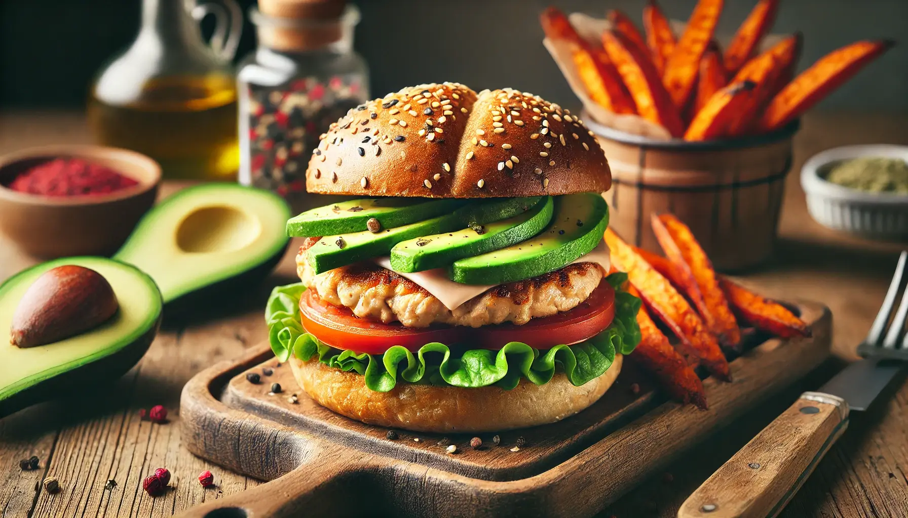 Turkey Avocado Burger (Low-Fat + High-Protein) stacked with fresh ingredients on a whole-grain bun.