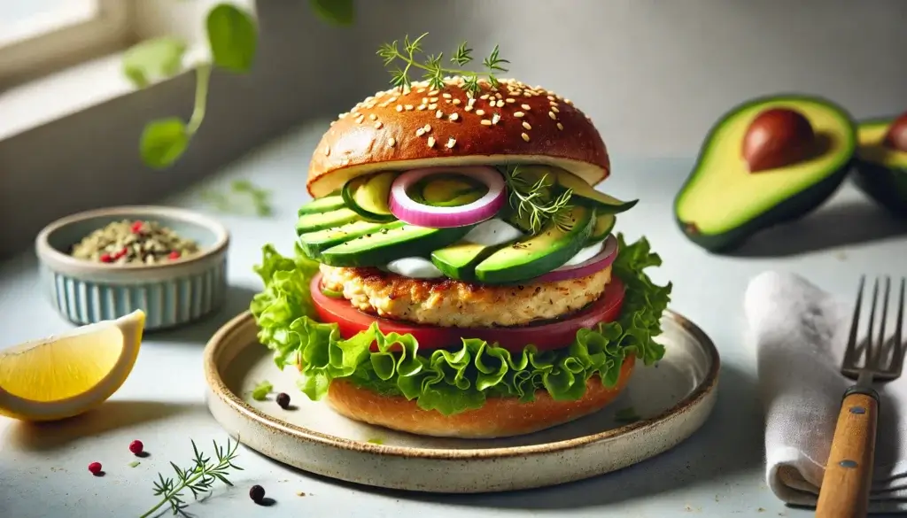 Turkey Avocado Burger (Low-Fat + High-Protein) stacked with fresh ingredients on a whole-grain bun.

