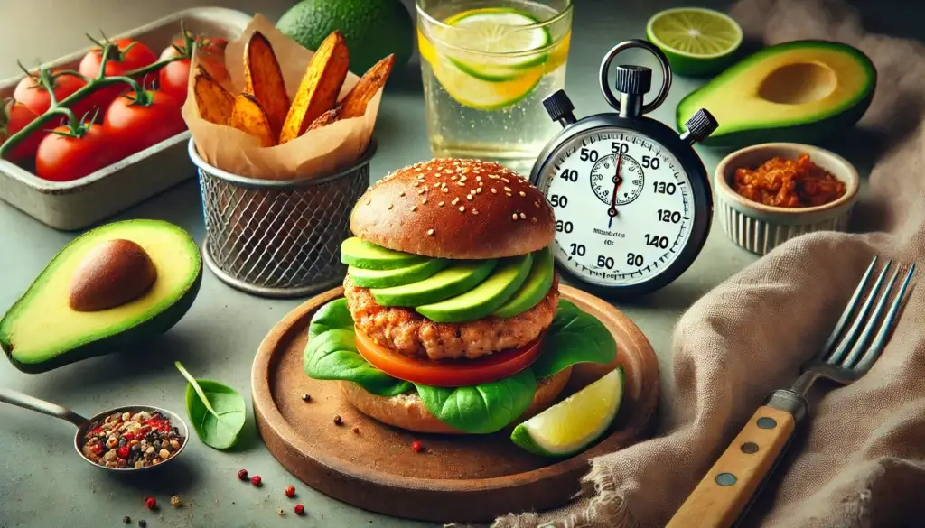 Turkey Avocado Burger (Low-Fat + High-Protein) stacked with fresh ingredients on a whole-grain bun.

