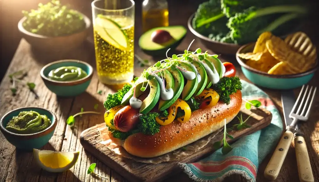 Healthy hot dog recipe with fresh veggies and turkey sausage in a whole wheat bun alldealhunt.com